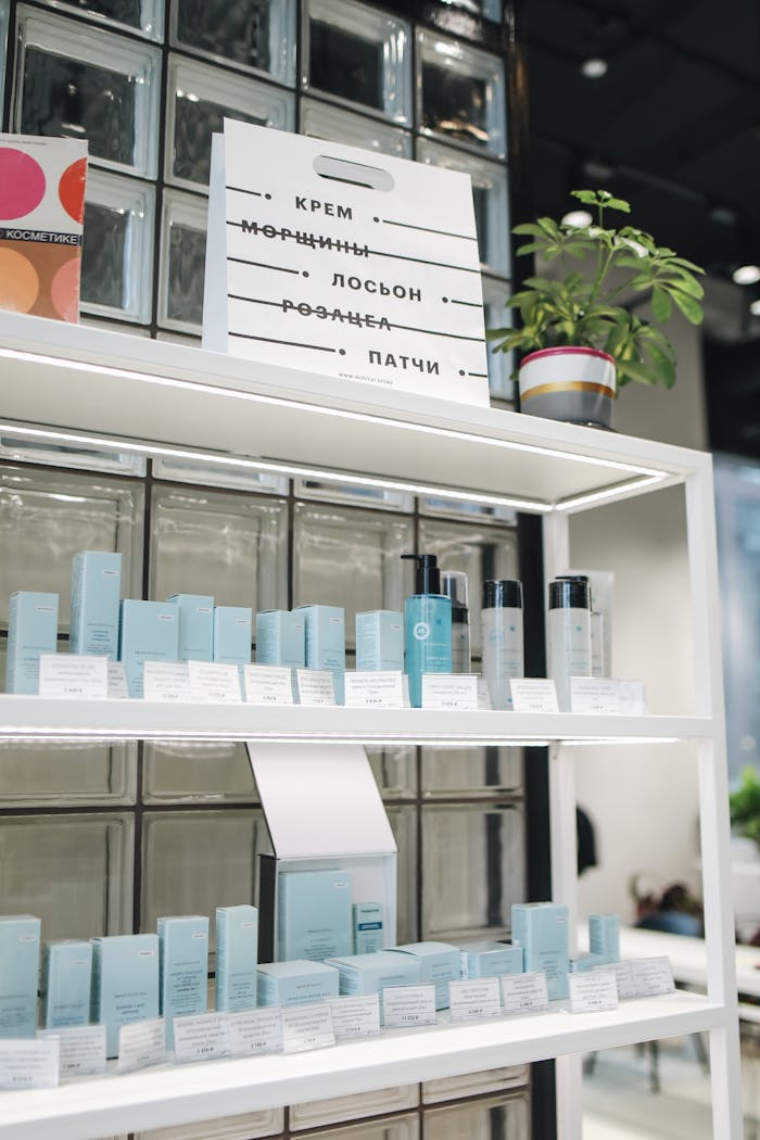 Elegant display of various skincare products in a contemporary store setting.